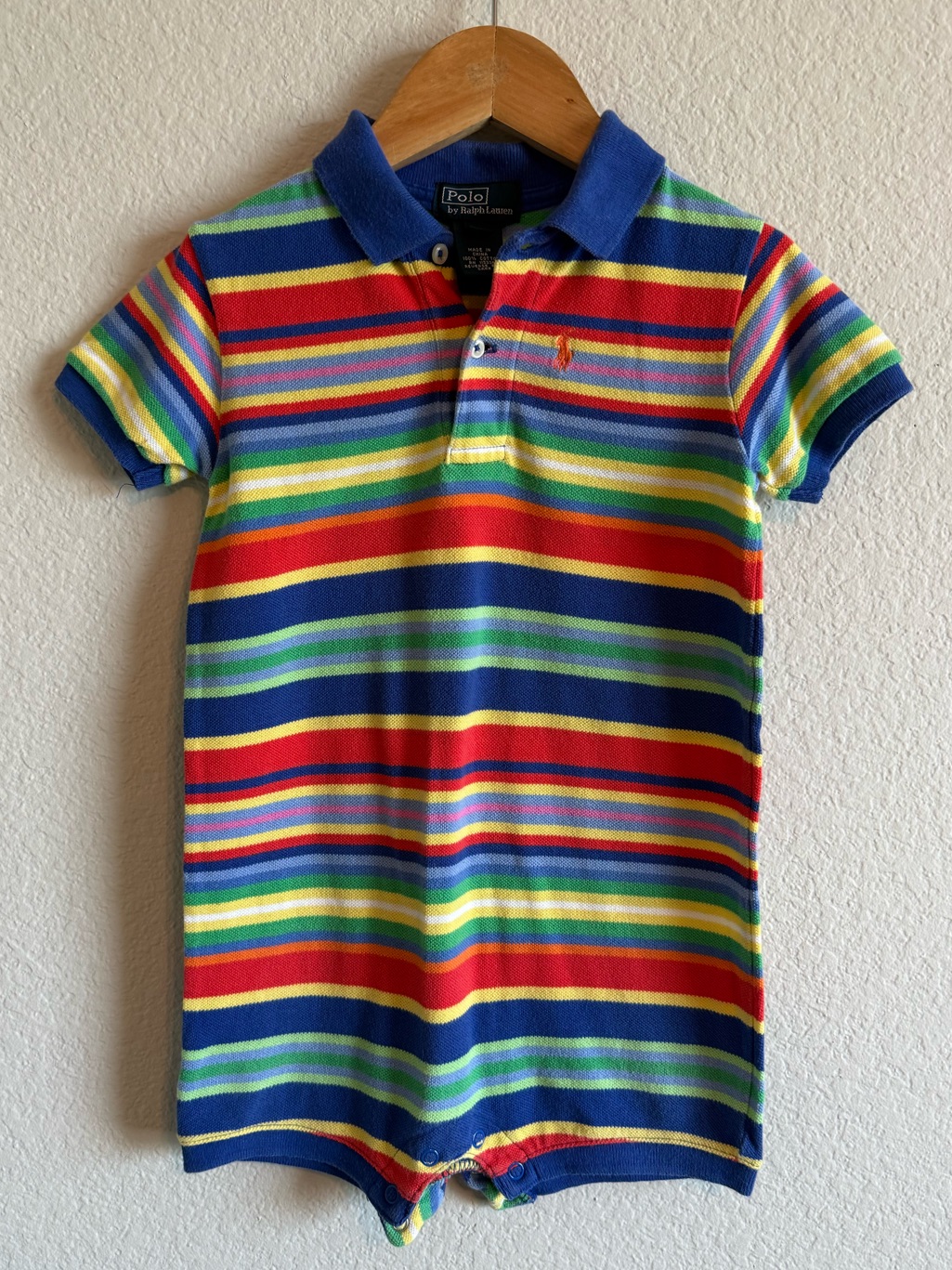 Polo By Ralph Lauren Cotton Multi-Stripe Short Sleeve Polo Romper Blue Red Green